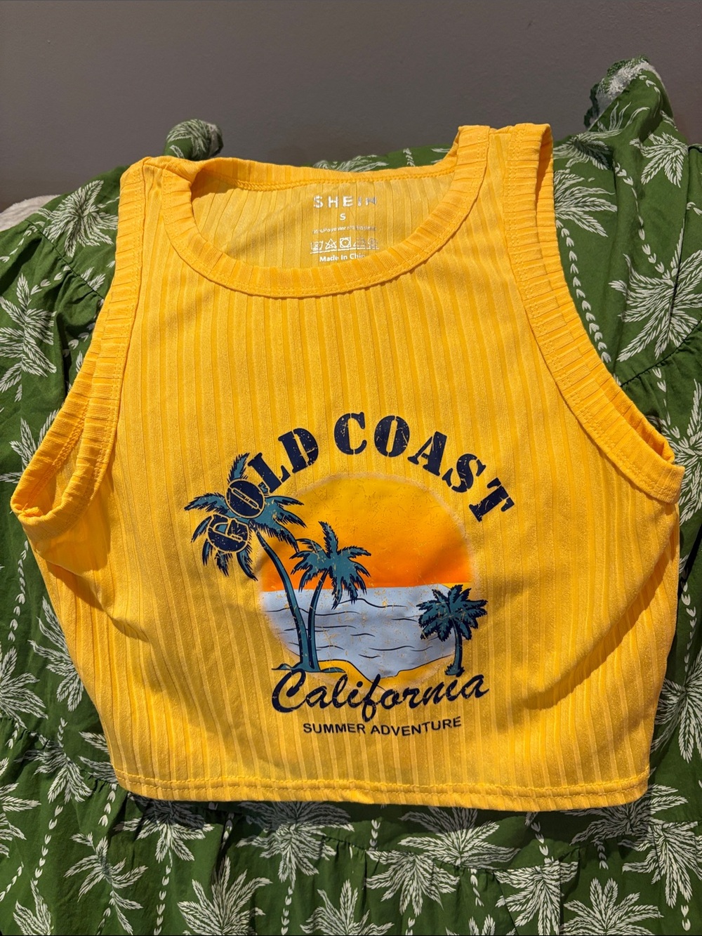 SHEIN Yellow Ribbed 'Gold Coast California' Graphic Tank